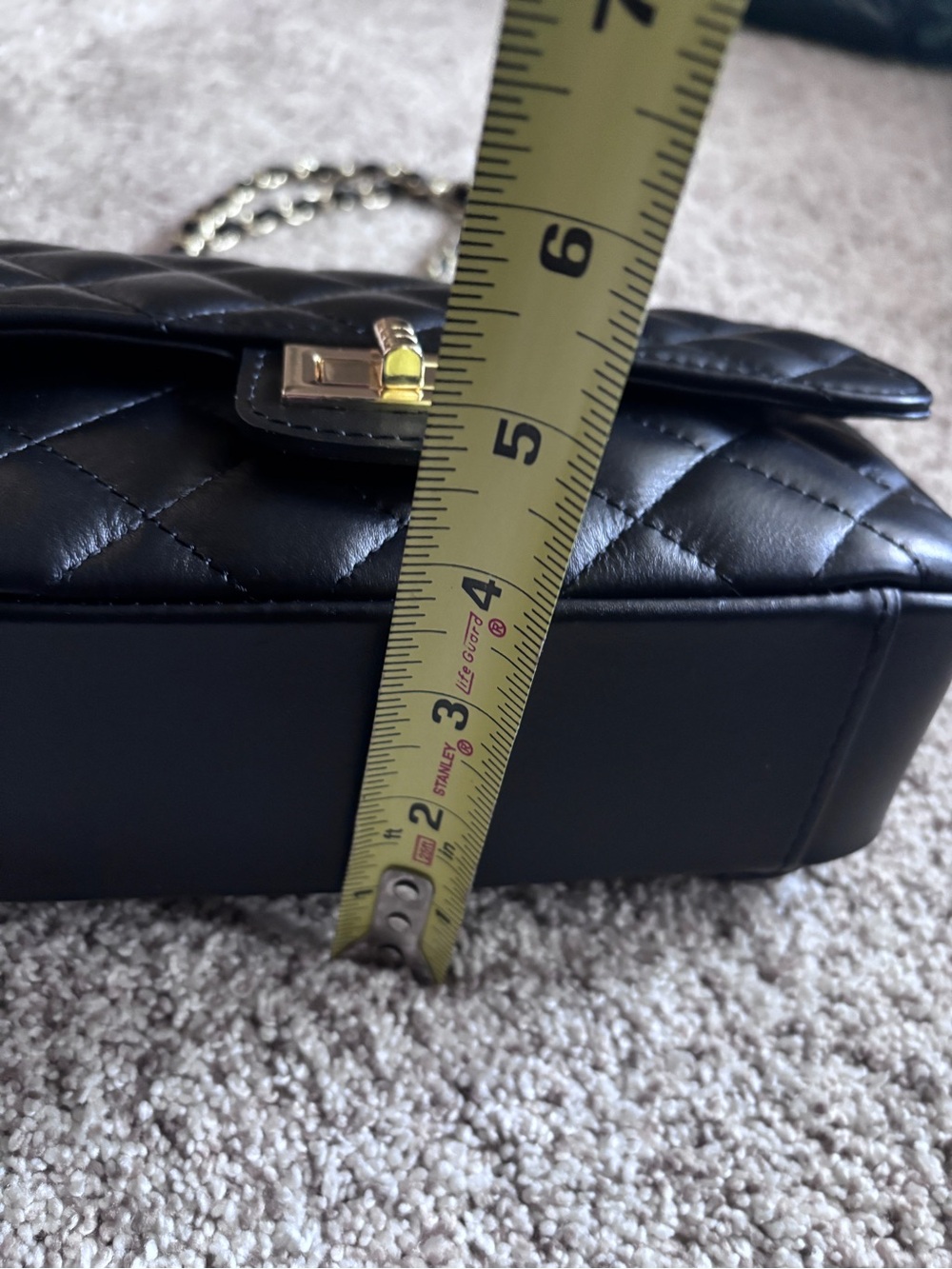 Designer-Inspired Quilted Black Italian Leather Flap -Gold Chain Shoulder Bag - Picture 12 of 13
